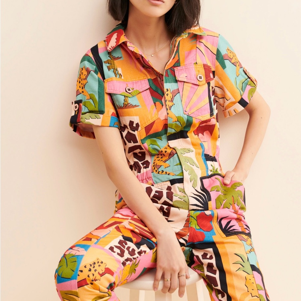 Tropical Collage Coveralls/ Colorful Safari Print Jumpsuit